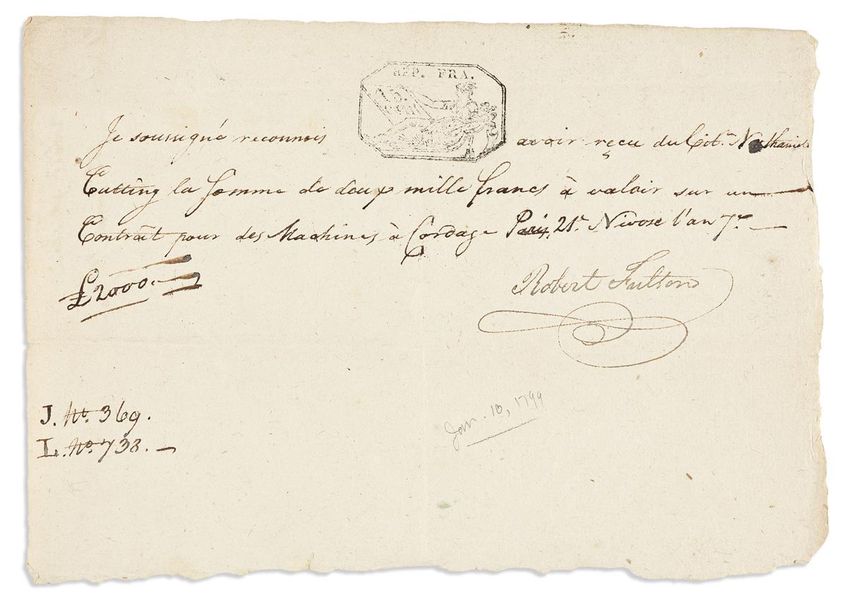 FULTON, ROBERT. Document Signed, receipt for 2,000 livres advanced for rope-making machines, in French.